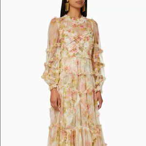 Needle & Thread Harlequin Rose Ruffle Midi Dress in Yellow Womens NWT US Size 16